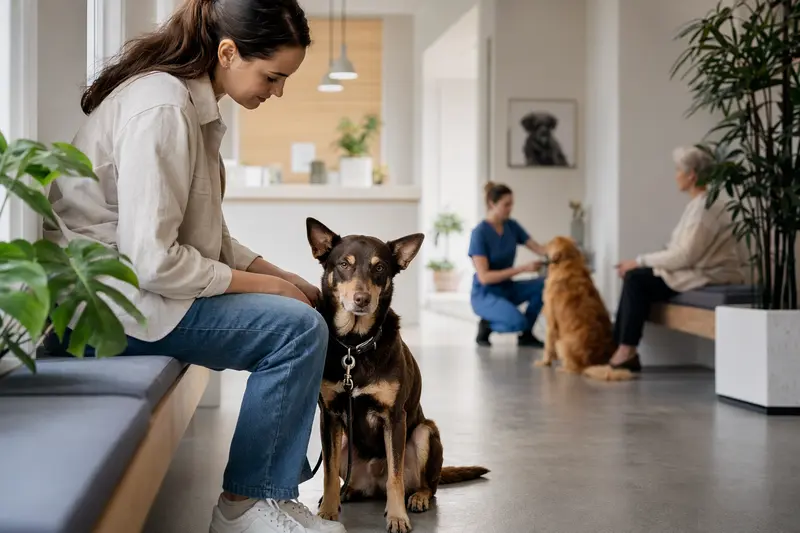 Ein Australian Kelpie Hund sitzt ruhig neben seinem Besitzer im Wartezimmer einer modernen Tierarztpraxis.